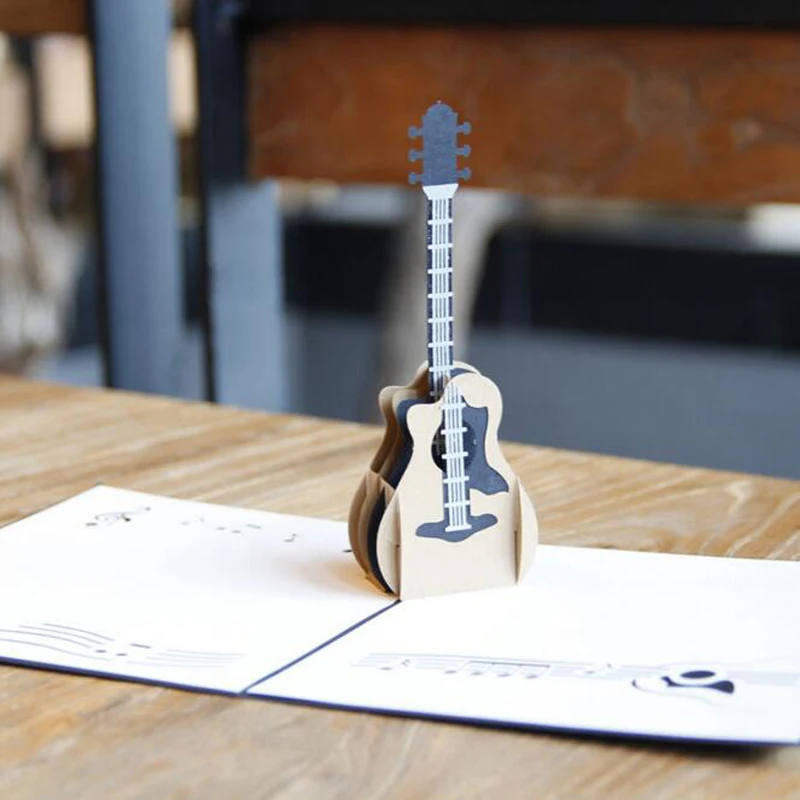 

(10 pieces/lot)Free Shipping Music Guitar Laser Cut Wedding Invitations Postcard 3D Pop UP Card Greeting Cards with Envelope