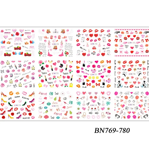 12 видов конструкций Валентина наклейки для ногтей он Книги по искусству розы красные губы Подарки воды Перевод надписи украшения для ногтей Книги по искусству Маникюр TRBN745-780 - Цвет: BN769-780