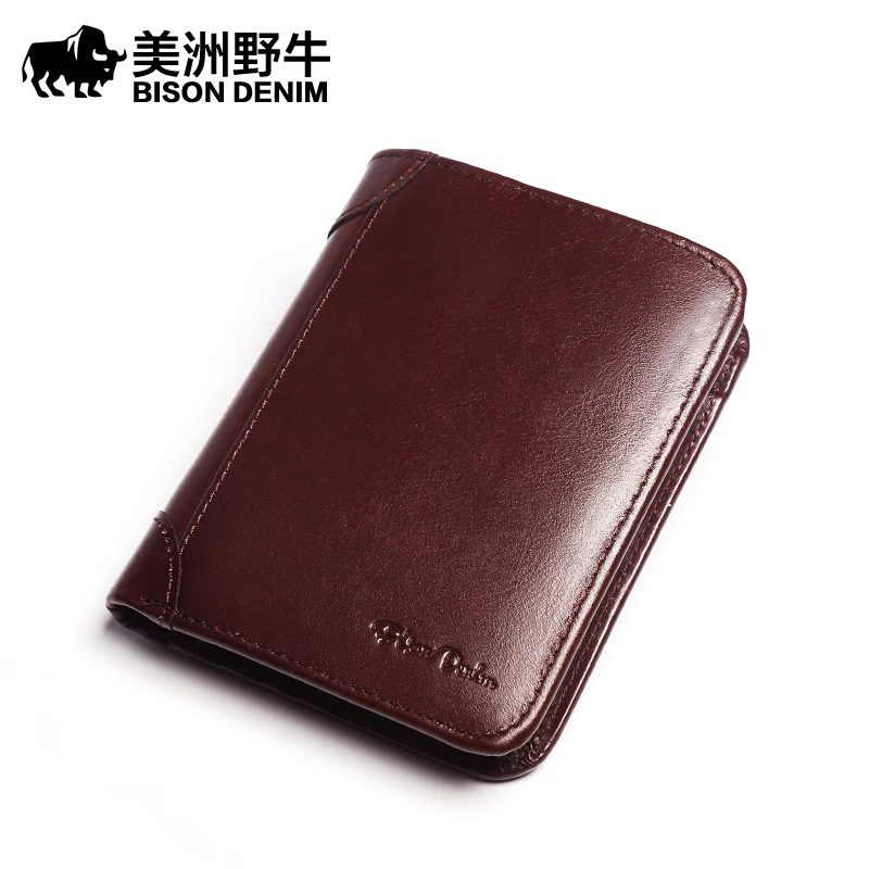 

BISON DENIM High Quality Men Cowhide Wallet Genuine Leather Purse Brand Credit Card Wallet Large Capacity Men's Wallet Free Ship