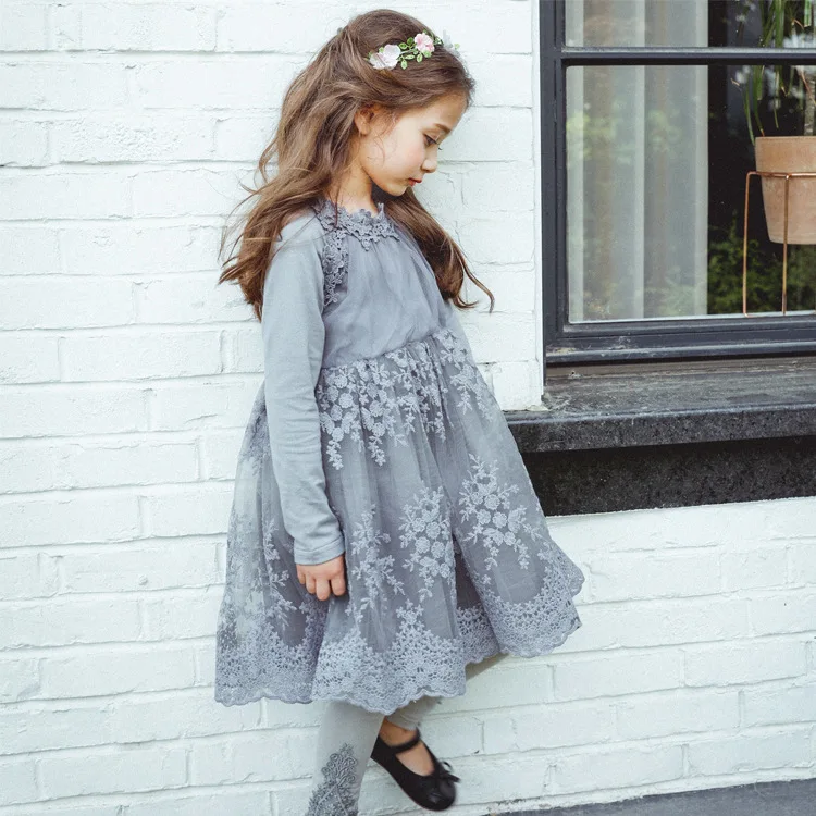 

Korean Girls Lace Trimmed Embroidered Party Dress Elegant Princess Dresses Gray Color Christmas Clothes Wholesale 6pcs/lot
