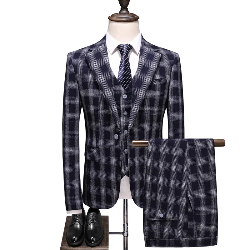 

Men luxury dark blue banquet creative plaid pattern tuxedo single-breasted Plus size high-end custom suit three-piece men blazer