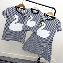 Cotton Family Matching Outfits Cute White Swan Printed Black Striped Bodysuit Father T-Shirts Mother Dress Stripe Kids Tshirts
