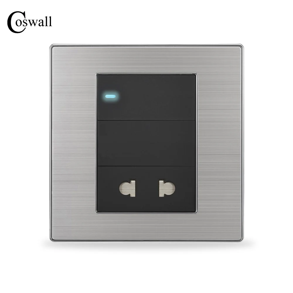 

Coswall 1 Gang 2 Way Light Switch with Universal 2 Hole Socket Enchufe Luxury Wall Stainless Steel Panel Electrical Outlet