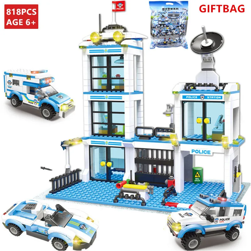 Najtaniej 818 sztuk policja miejska stacja LegoINGLs zestawy klocków budowlanych helikopter statek samochód SWAT dzieci DIY Playmobil cegły zabawki dla dzieci