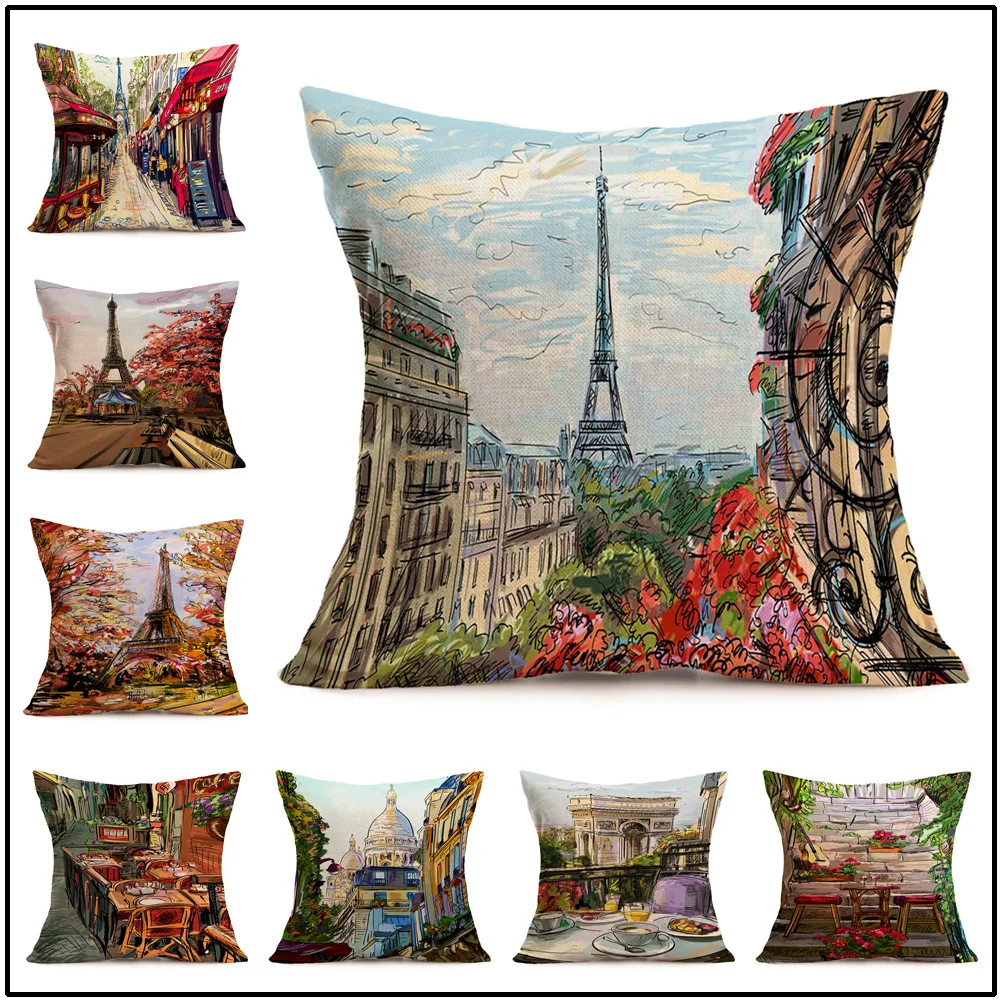 

18 Inches Cushion Cover Paris Street Landscape Pattern Cotton Linen Pillow Cover Cushion Cover Pillowcase Home Decor