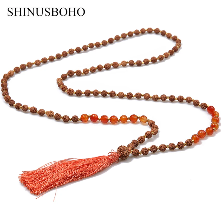 

SHINUSBOHO Rudraksha Beads Necklaces for Women Mala Stones Handmade Strand Charm Necklace Colorful Tassel Femme Jewelry Bijoux