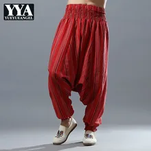 Новые мужские повседневные хлопковые льняные брюки с эластичной резинкой на талии в полоску с большим шаговым швом свободные широкие брюки для бега хип-хоп мужские