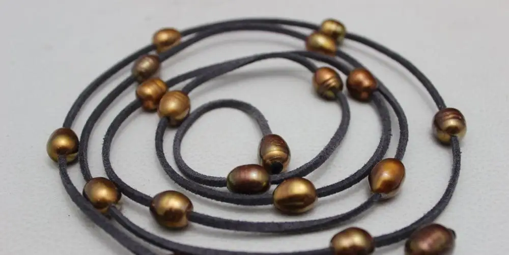 

Dark gray Leather Golden Brown freshwater pearl necklace10x12mm 48" no metal a(5.18)