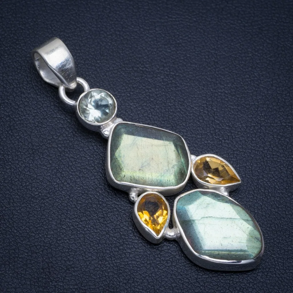 

Natural Blue Fire Labradorite,Green Amethyst and Citrine 925 Sterling Silver Pendant 2" A4550
