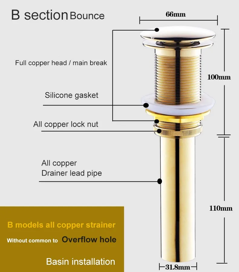 BECOLA позолоченный Aall медный бассейн контроль воды Золотая Вода без перелива рот пусковое устройство Ванная Раковина drainer