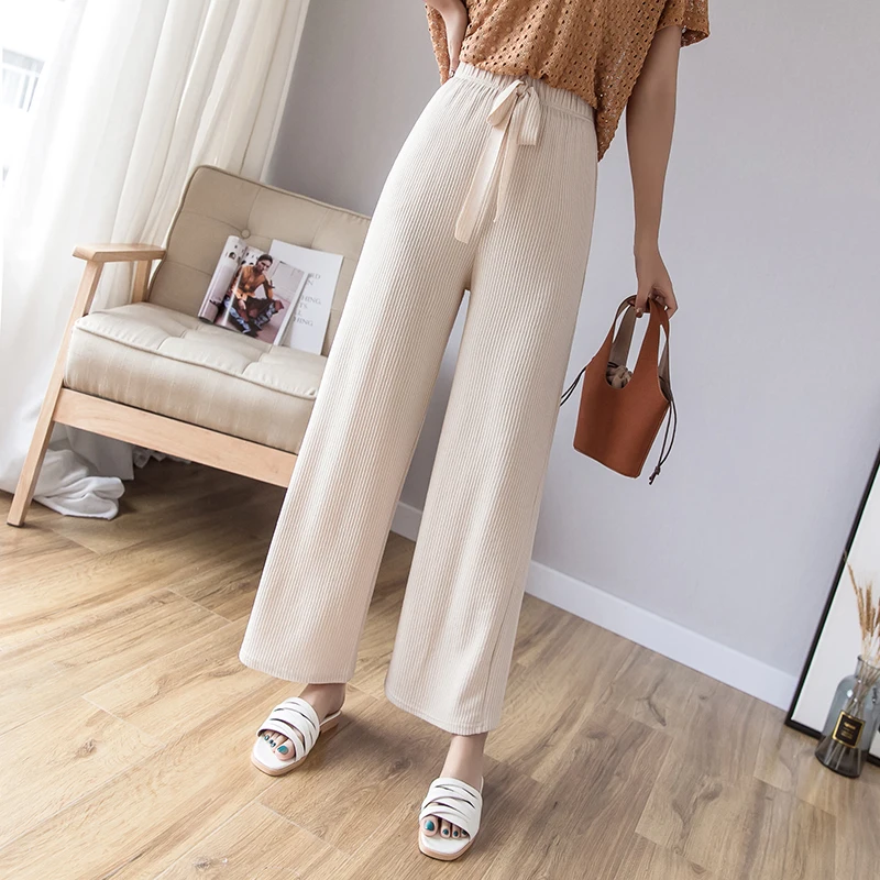 Wide leg trousers chiffon high waist pants new 2019 spring summer beach resort trousers Vintage Loose black white pants 81J Wide leg trousers chiffon high waist pants new 2019 spring summer beach resort trousers Vintage Loose black white pants 81J