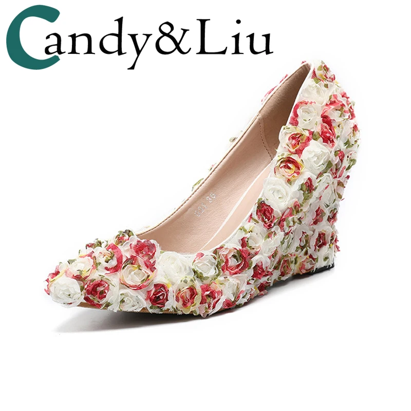 

Ladies Pumps Female Wedges Shoes Lace Flowers Appliques Pointed Toe Banquet Party Blossom High Heels Women Wedding Shoes