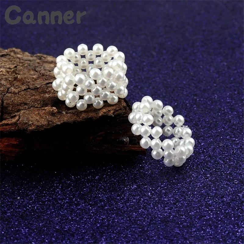 

Canner Vintage Imitation Pearl Rings For Women Handmade Weave Rings Adjustable Stretch Pearl Rings Anillos Mujer Party Gifts A40