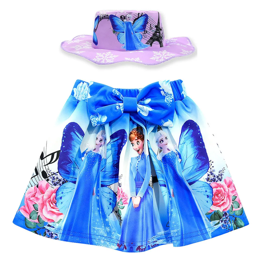 Летняя одежда для девочек; комплект из двух предметов с изображением Эльзы и Анны; футболка; топ и юбка; одежда для детей; детская одежда; одежда принцессы для девочек - Цвет: D1707-Blue
