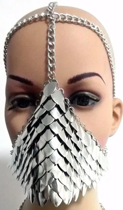 Chran Chainmail, маска, бюстгальтер, скальмейл, наплечная броня, косплей, сжигающий человек, головной убор, цепочка на голову, повязка на голову, средневековая, Ren Faire, ювелирное изделие - Окраска металла: Mask Silver Color