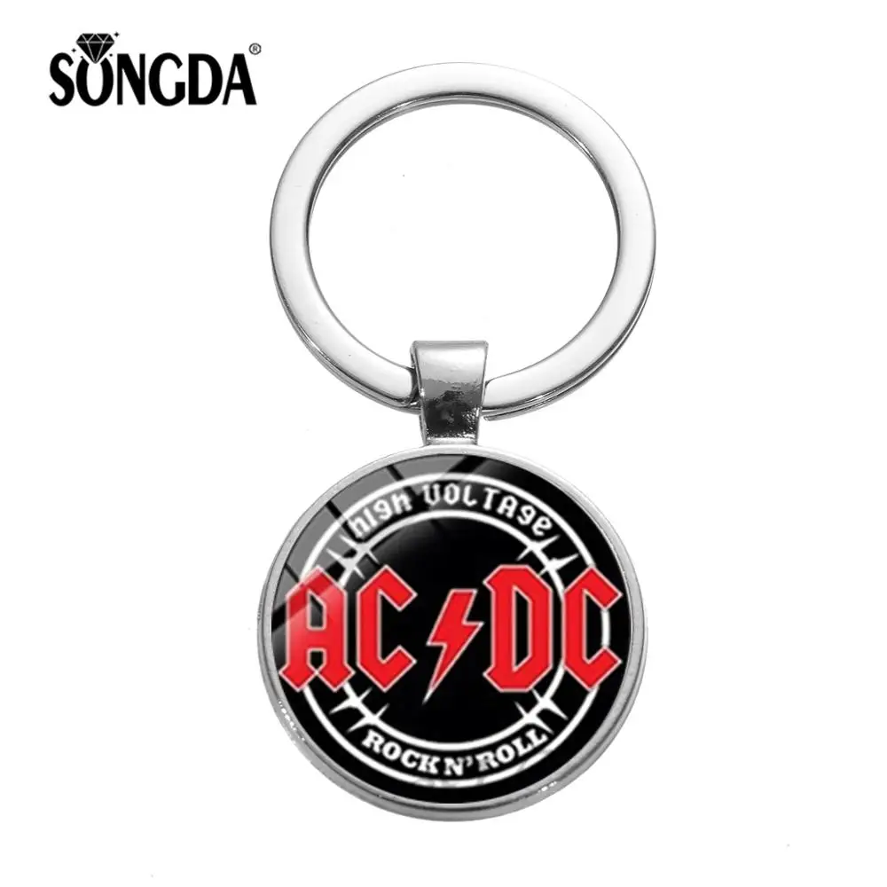 

SONGDA Hot Music Band AC/DC Metal Keychain POP Band ACDC Red Logo Art Picture Glass Crystal Gem Key Rings Chain Souvenirs Gifts