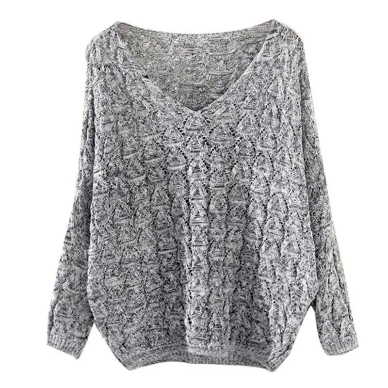 

2019 women's openwork bat long sleeve loose V-neck sweater casual fashion women's sweater 4 seasons s gray dark gray sweater