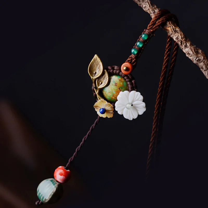 Милый зеленый Бирюза длинное ожерелье для Чехол женский медь цветочная керамическая капля кулон веревка Chians Винтажные Ювелирные изделия