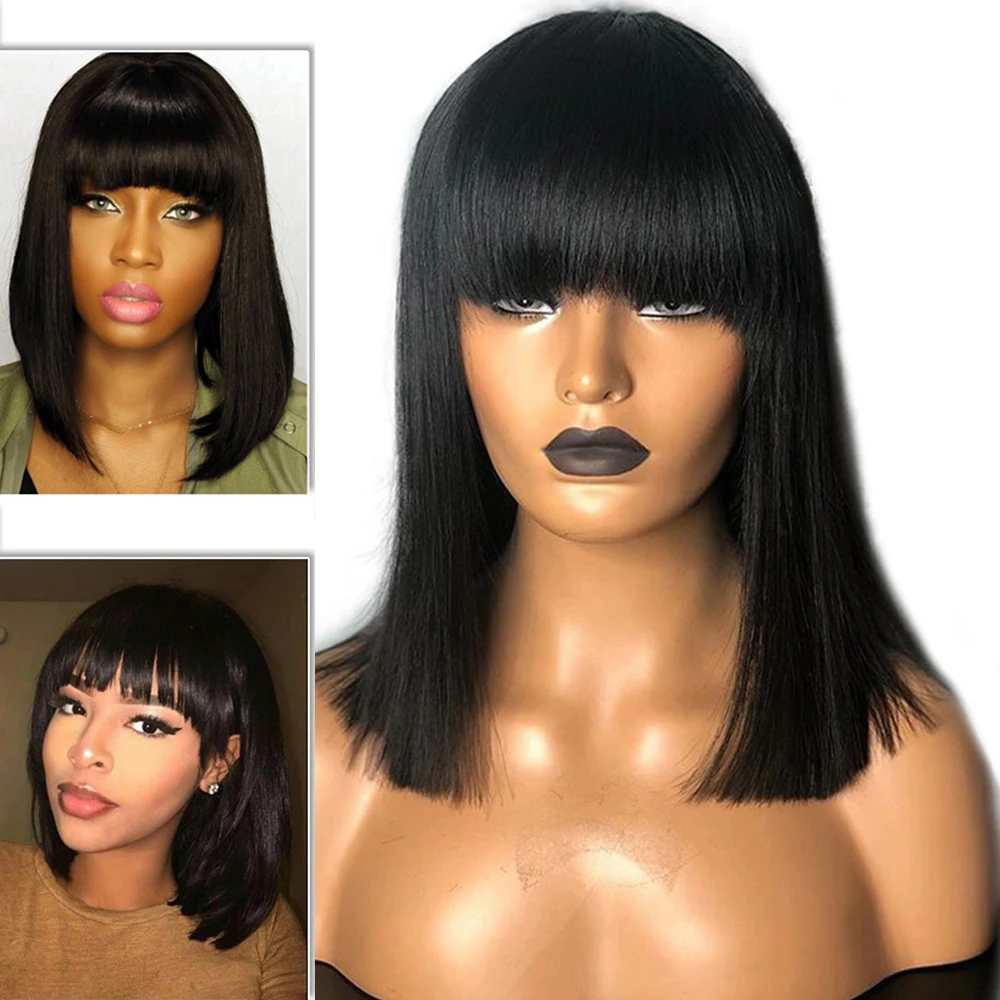 

SimBeauty Full Lace Human Hair Wigs Brazilian Remy Hair Bob Wig With Bangs Pre Plucked Fringe Wig Natural Hairline For Women