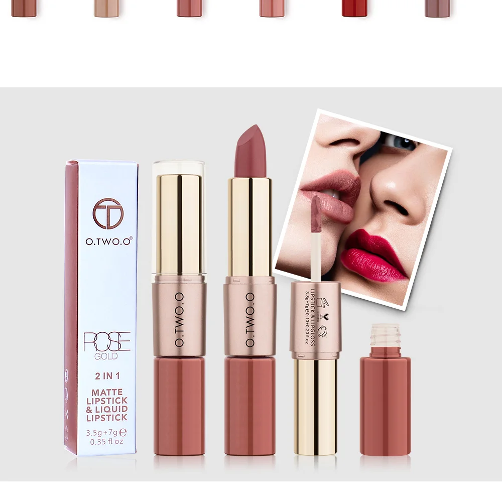 O.TWO.O 2 in 1 Matte Lipstick+Lip Gloss Lips Makeup Cosmetics Waterproof 12 Colors Choose