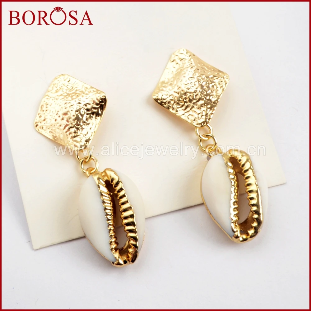 

BOROSA 5Pairs Gold Color Trim Cowrie Shell Rhonbic Dangle Earrings for Women, Natural White Shell Charm Earrings Jewelry G1592