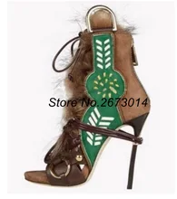 

Latest Green Multi-Color Peep Toe Boots Patchwork Lace Up Stiletto Heel Fur Embellished Cross-Tied Ring Buckle Sandal Booties