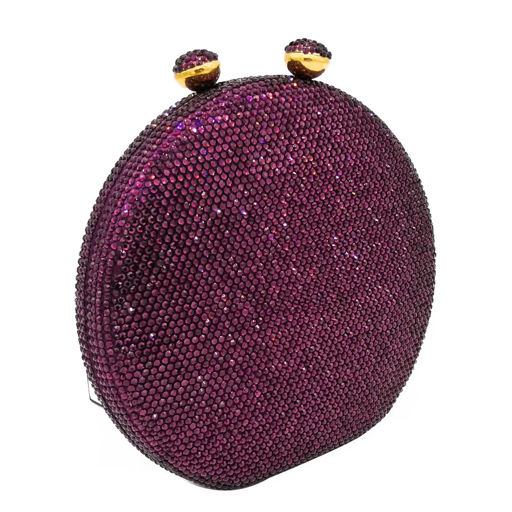 Double Flower Kiss Clasp Round Circular Women Purple Crystal Clutch Evening Handbags Hard Case Wedding Cocktail Diamond Bag