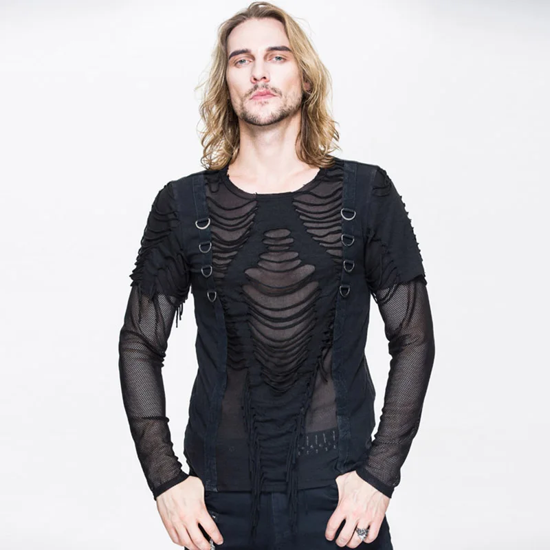 

Steampunk men transparent gauze round collar hollow out spider silk T-shirt clothing fashion and personality