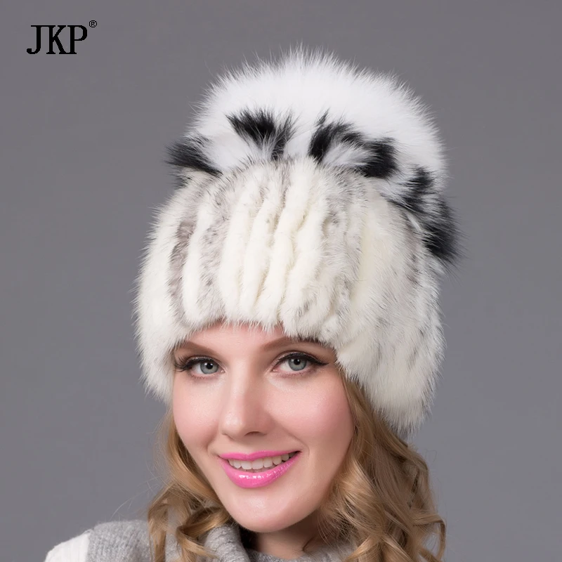 

JKP Women's real mink fur hat female cap with fox fur pom-pom lining women's winter Headwear girls Skullies & Beanies DHY-25
