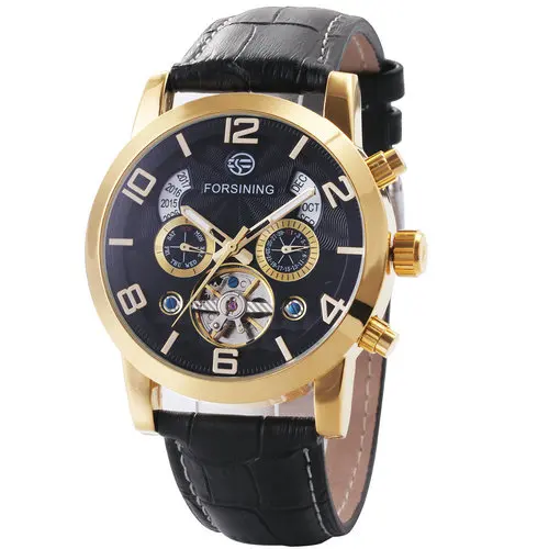 Мужские часы Forsining,, Лидирующий бренд, Роскошные, мужские, известные часы, автоматические, механические, с календарем, с датой, турбийон, наручные часы для мужчин - Цвет: GOLD BLACK