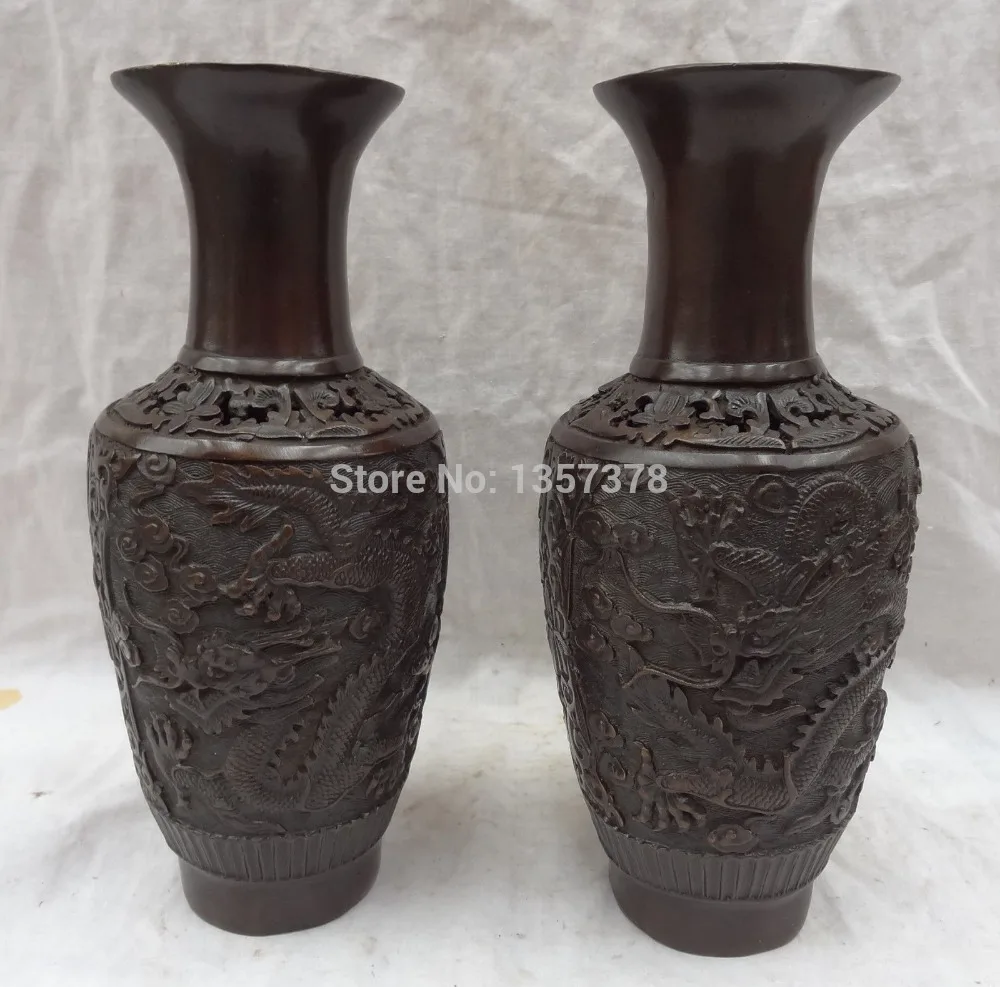 

shitou 00998 10" Chinese Bronze FengShui Fly Dragon Head Statue Twin Flower Pot Vase Pair