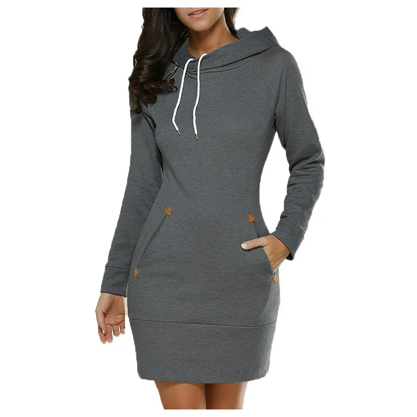 New Women Sweatshirt Dress Ladies Hoodie Pullover Pockets