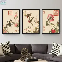 SPLSPL китайская живопись цветы и птицы Печать на холсте настенные плакаты изображение для Гостиная домашнего декора картина без рамки