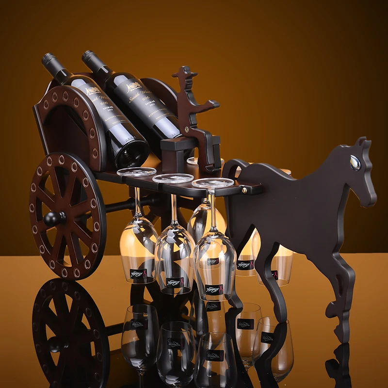 

Creative European Carriage style Wine Red Wooden Red Wine Rack Two Bottles Six Cups Holders