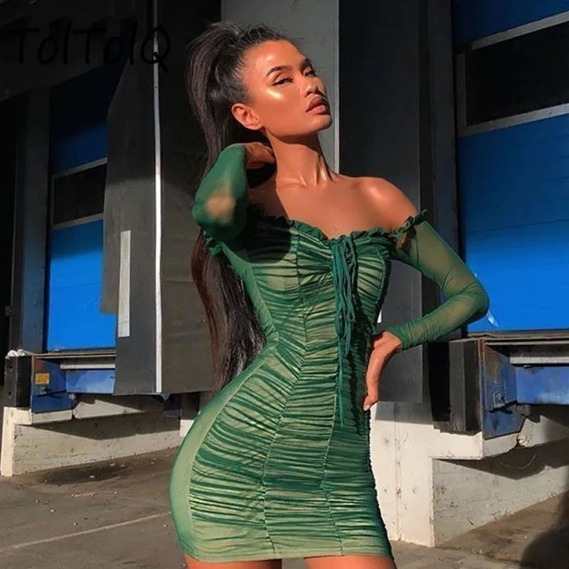 

TolTolQ Sexy Dress Strapless Short Mini Dress Women Solid Off Shoulder Bandage Club Party 2019 Summer Long Sleeve Dress