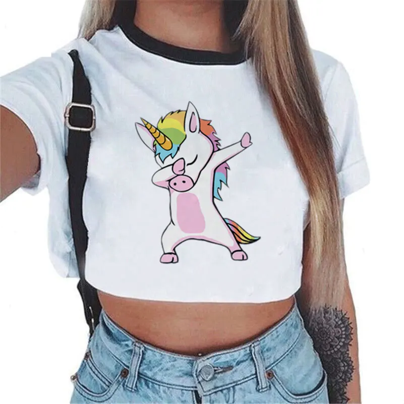 Укороченный Топ Футболка женские кавай Топы Harajuku Радуга UnicornT рубашка