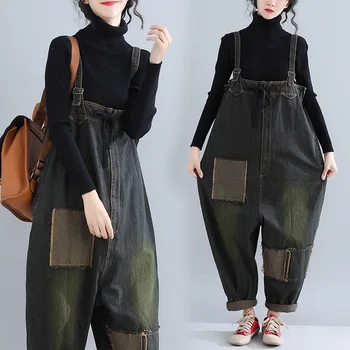 

2019 Casual Literary Vintage Large Size Denim Bib Ankle-length Jeans Female Black Loose Patch Make Old Jumpsuit XL-01