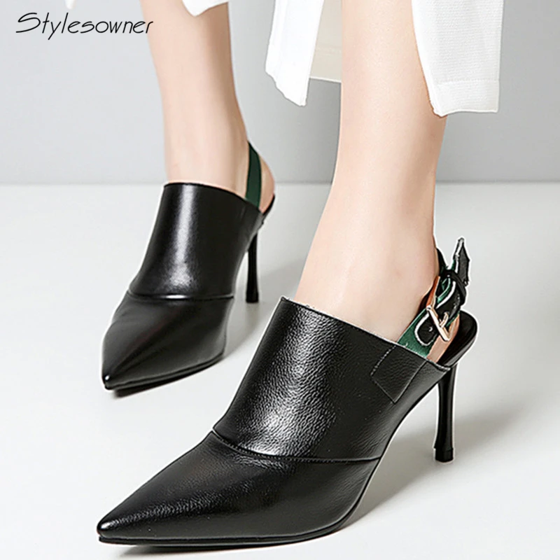 

Stylesowner 2018 New Arrival Soft Genuine Leather Women Pumps Sexy Buckle Strap Pointed Toe Super High Thin Heels Party Shoes