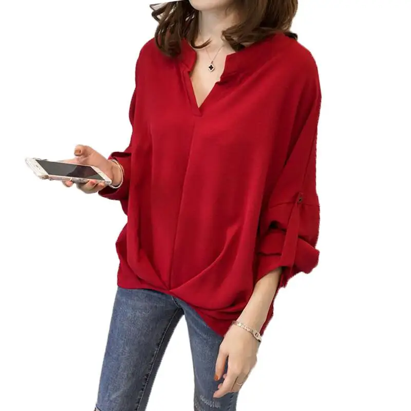 

M-4XL Women Blouse Casual Women's Bat Sleeved V-neck Chiffon Blouse Plus Size Shirt Women Tops Ladies Loose Shirts Blusas Mujer
