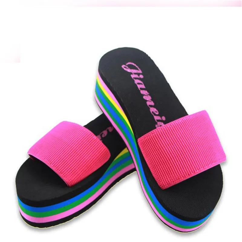 

Designer Wedges Slippers Women Platform Sandals Female Home Slippers High Heel Slides Rainbow Summer Thick Heel Ladies Shoes 6cm