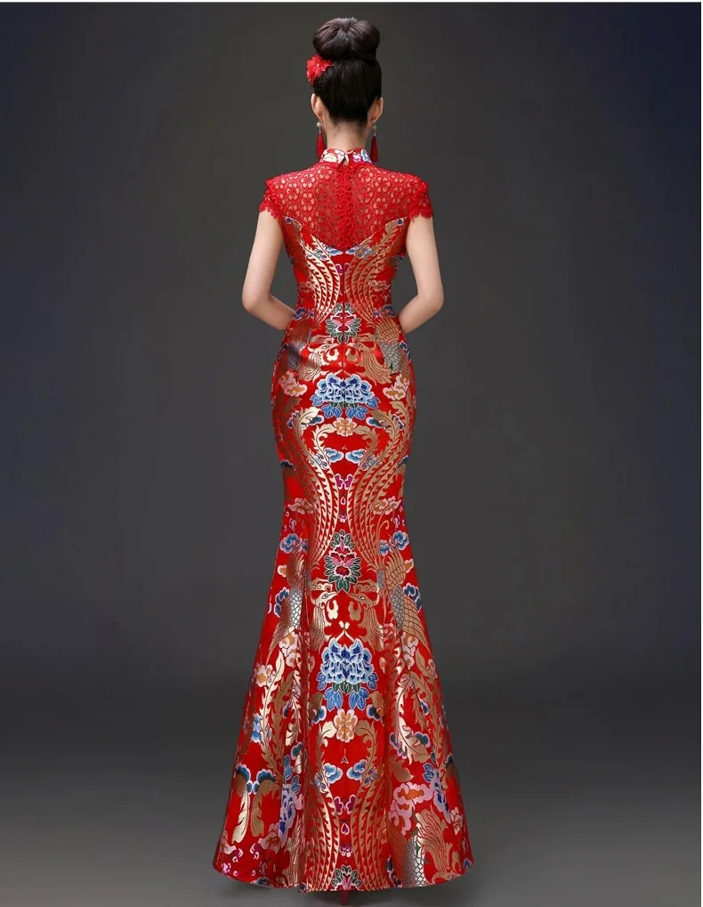 Китайский вечерние платья Cheongsam красный полые спинки Атлас дракон феникс Ципао вечернее Лето рыбий хвост длинное свадебное платье