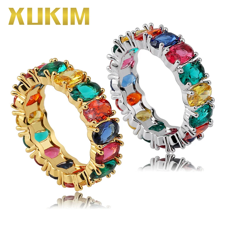 

Xukim Jewelry New Hip Hop Rainbow Rings Round Square Shaped Iced Out AAA Cubic Zirconia Silver Gold Color Wedding Party Gift