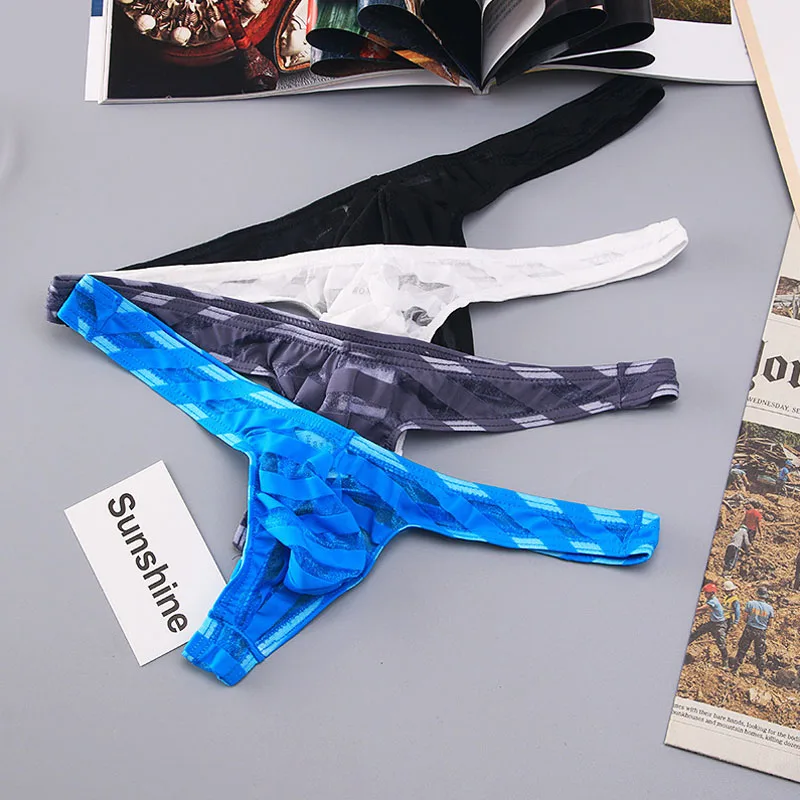 

Solid Color Sexy Breathable Comfortable Mesh Striped Men Thong Panties Nylon Transparent G String Thongs Male Sexy Underwear BH