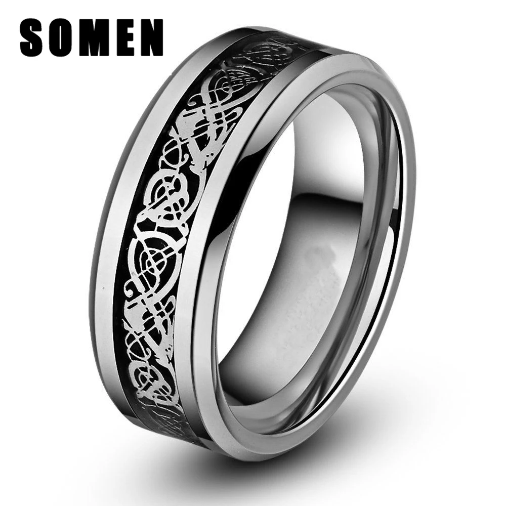 Серебряное кольцо Somen 8 мм с кельтским драконом инкрустированное полированным