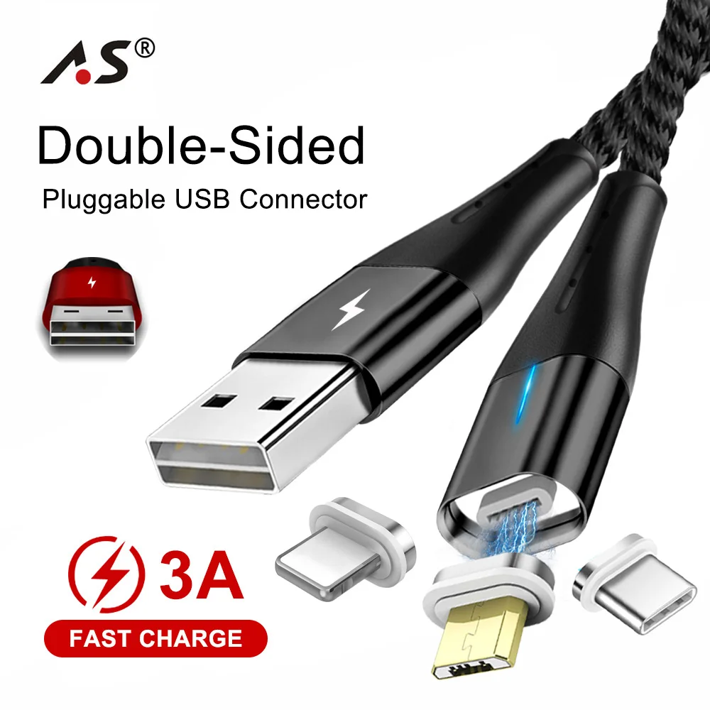 А. С. Двухсторонний Micro USB кабель Магнитный USB кабель для iPhone samsung S10 type C Магнитный зарядный провод для передачи данных кабель для мобильного телефона