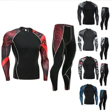 Для мужчин сжатия футболка+ леггинсы 2 шт. комплект костюм Для мужчин длинные рукава фитнес-сжатия рубашка быстро сохнет Для мужчин фирменная одежда