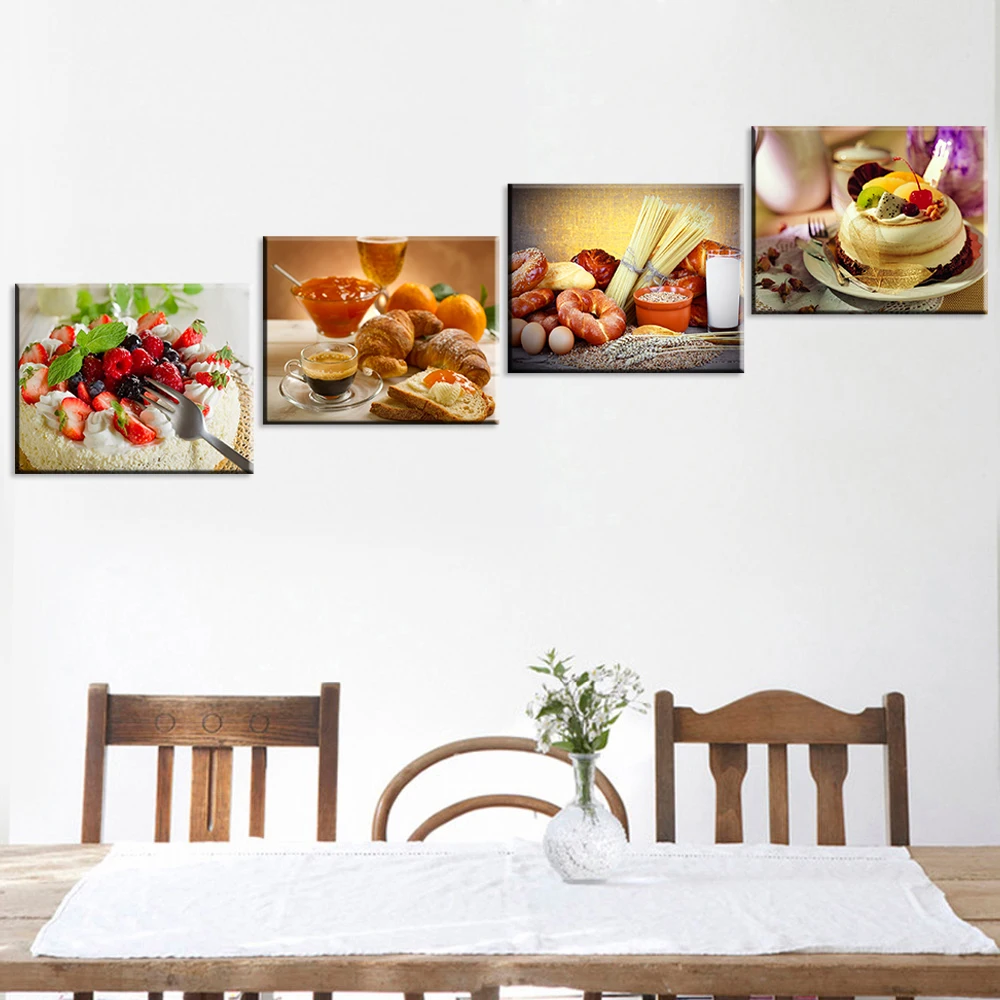 Картина маслом Печать на холсте Натюрморт сладкий торт фрукты цветок искусство Декоративные плакаты с картинками для кухни комнаты 4 шт. без рамы