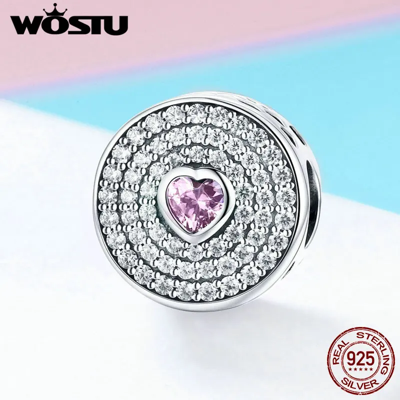 

WOSTU Hot Sale Pure 925 Sterling Silver Radiant Pink Heart Charm fit Original DIY Beads Bracelet Jewelry Accessories Gift FIC815