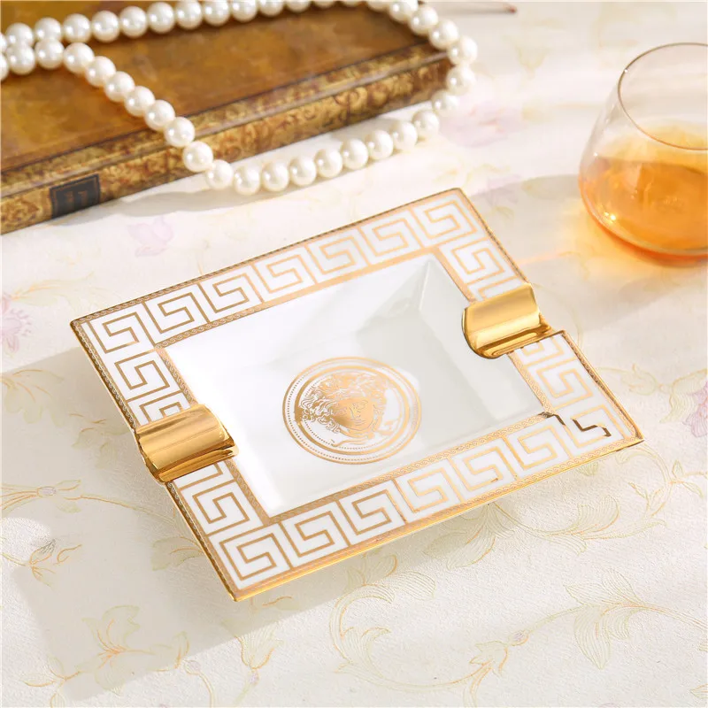 

Ceramic 2 Holder Rectangular Cigar Art Ashtray Luxury Living Room Smoke Cup Fashion Home Accessories KTV Bar Decor Gift R754
