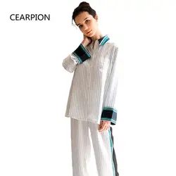 CEARPION белый вертикальный полосатые пижамы комплект Новые летние пижамы для женщин 2 шт. рубашка и брюки высокое качество Интимные белье